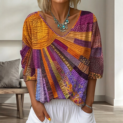 Cardydony Women's Vintage Floral In Gradient Art Print Flowy Linen Blend Three-quarter Sleeve V Neck Linen Tops