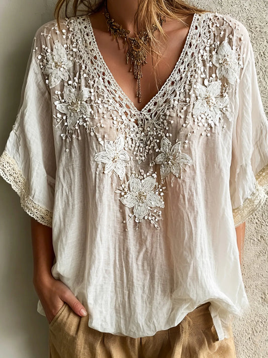 Cardydony Women's Casual Retro Bohemian Style Floral Embroidery Print V-neck Top