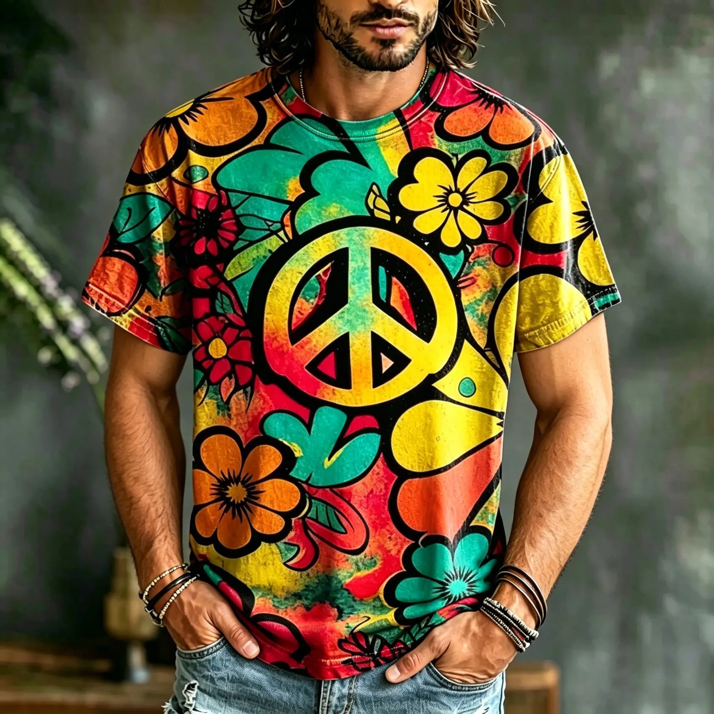 Cardydony Men's Retro Hippie Peace Logo Floral Print Casual T-shirt