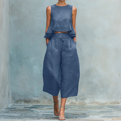 Cardydony Women's Ruffled Linen-blend Two-piece Set