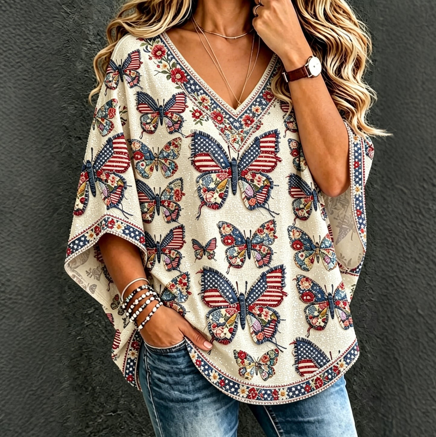 Cardydony Women's Anniversary Independence Day Butterfly Print Three Quarter Sleeves T-shirt