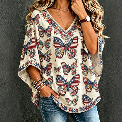 Cardydony Women's Anniversary Independence Day Butterfly Print Three Quarter Sleeves T-shirt