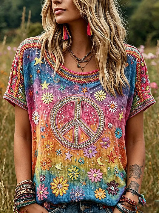Cardydony Women's Vintage Hippie Floral Color Gradient Art Linen Blend Round Neck Top