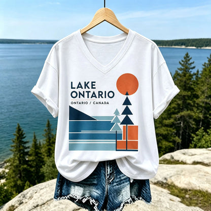 Cardydony Women's Casual V-neck T-shirt In Beige With Lake Ontario Geometric Landscape And Orange Sun Print