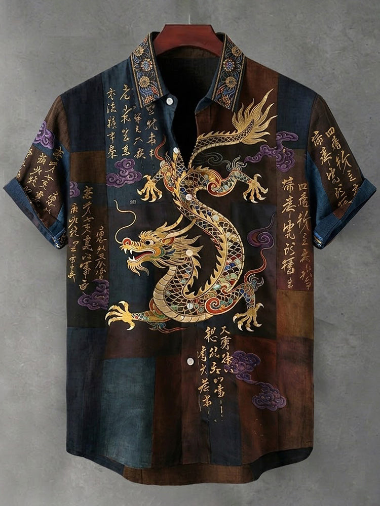 Cardydony Men's Vintage Japanese Calligraphy Dragon Art Pattern Linen Blend Shirt