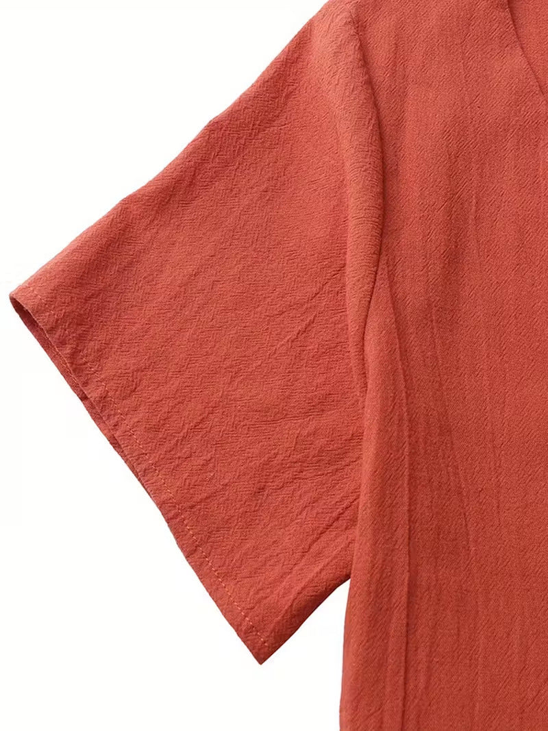 Cardydony Women's Solid Color V-neck Linen Blend Short Sleeve Dress