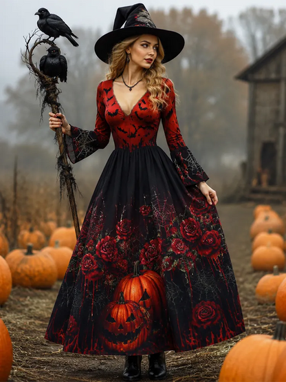 Cardydony Women's Halloween Gothic Maxi Dress - Red And Black Jack-o'-lanterns, Roses And Spider Webs Print Flowy Dress