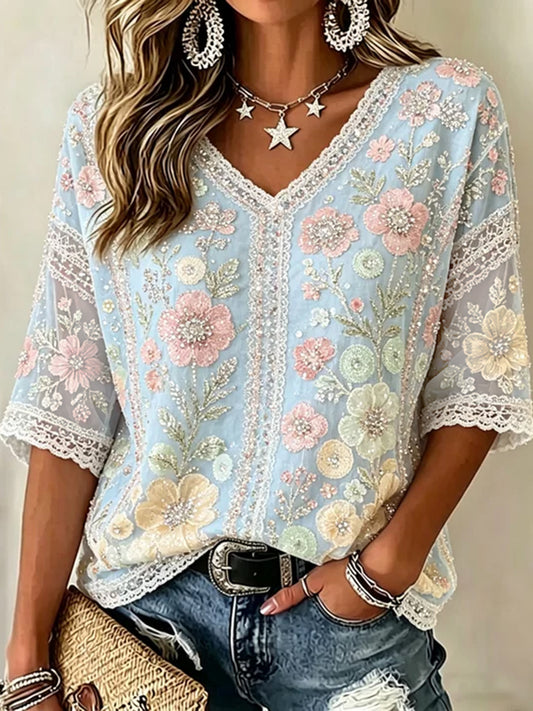 Cardydony Women's Vintage Floral Art Patchwork Rhinestone Casual Short Sleeve Top