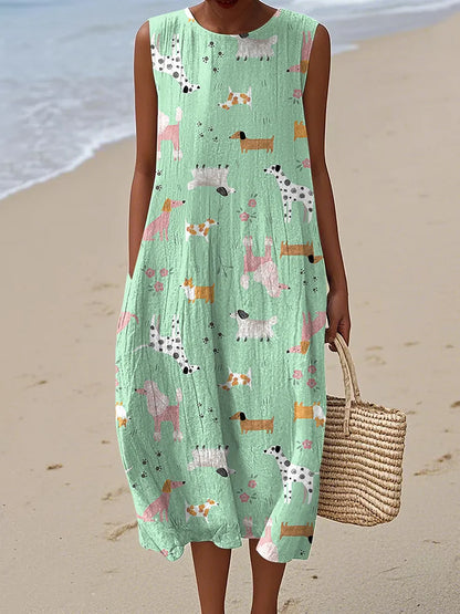 Cardydony Women's Cute Dog Print Linen Blend Tank Midi Dress
