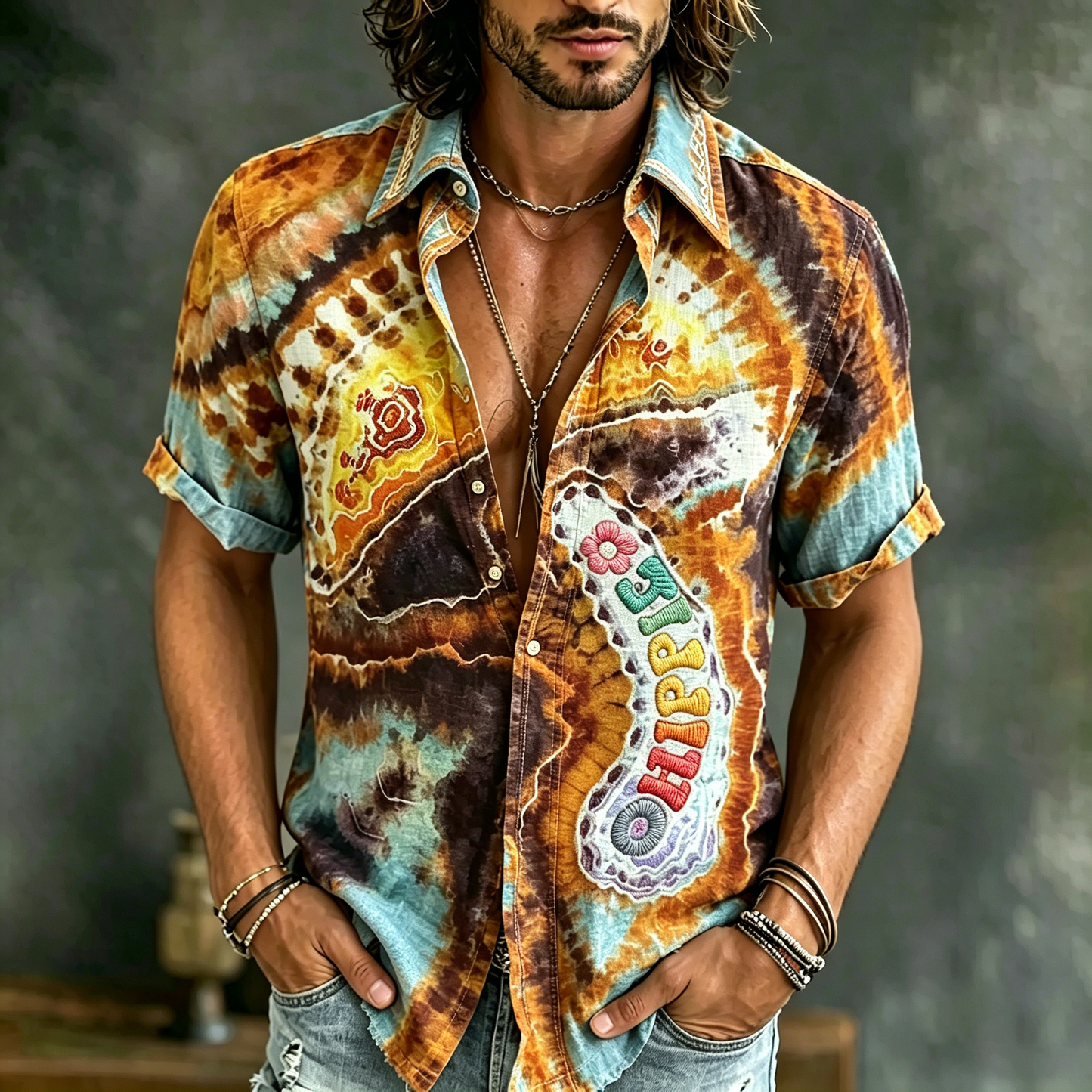 Cardydony Men's Causal Spring Tie-dye Hippie Peace Patchwork Art Print Flowy Linen Blend Shirt
