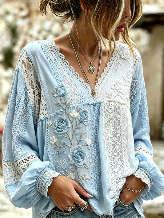 Cardydony Women's Vintage Floral Art Embroidered Linen Blend V Neck Long Sleeve Tops