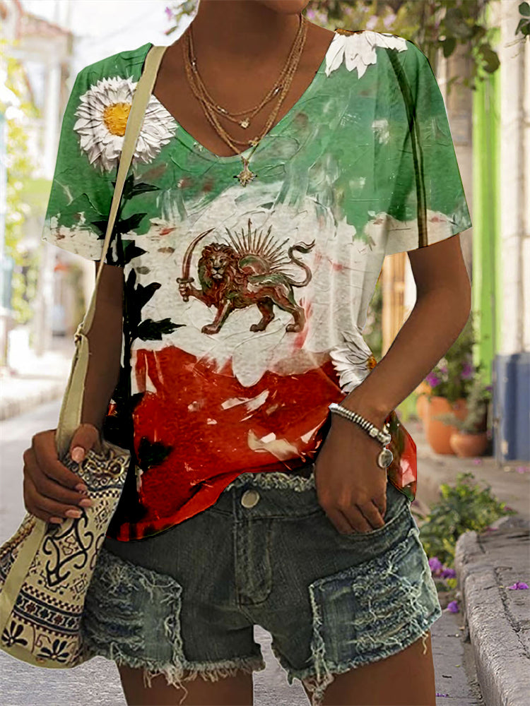 Cardydony Iran Lion Inspired Oil Painting V Neck T Shirt