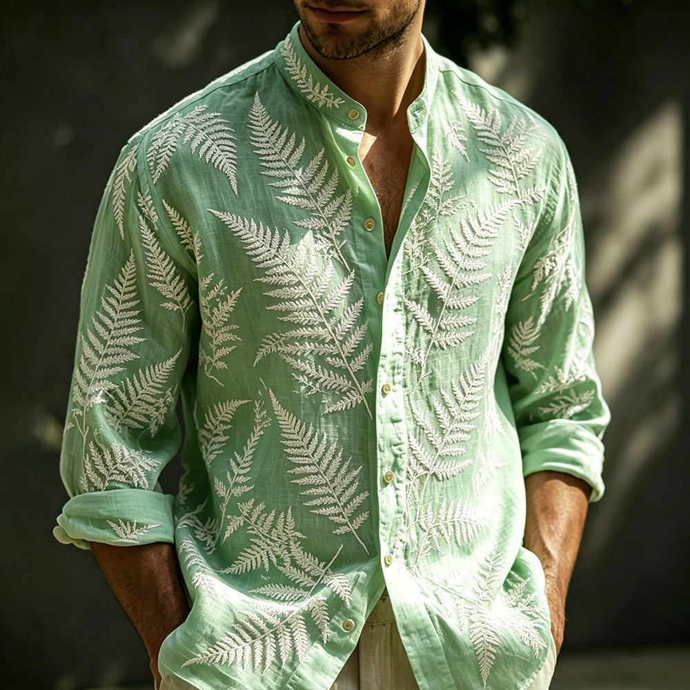 Cardydony Men's Herbal Art Embroidered Mint Green Linen Blend Long Sleeve Shirt