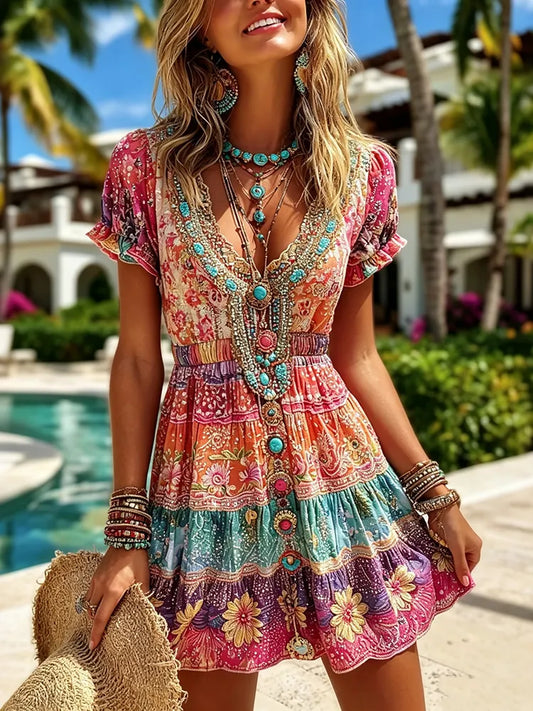 Cardydony Women's Tribal Hippie Pattren Gradient Midi Dress