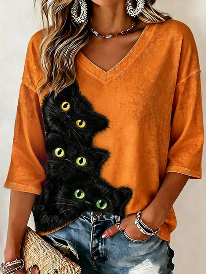 Cardydony Women's Realistic 3d Clinging Fluffyblack Cat Print Three-quarter Sleeve T-shirt