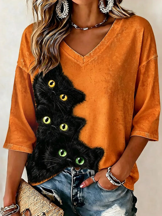 Cardydony Women's Realistic 3d Clinging Fluffyblack Cat Print Three-quarter Sleeve T-shirt