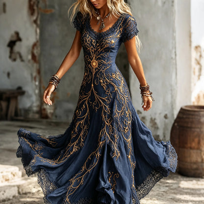 Cardydony Women's Vintage Viking Pattern Embroidered Art Flowy V Neck Maxi Dress