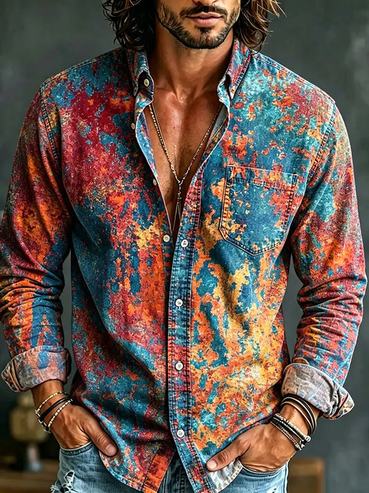Cardydony Men's Retro Tie-dye Design Cotton Linen Shirt