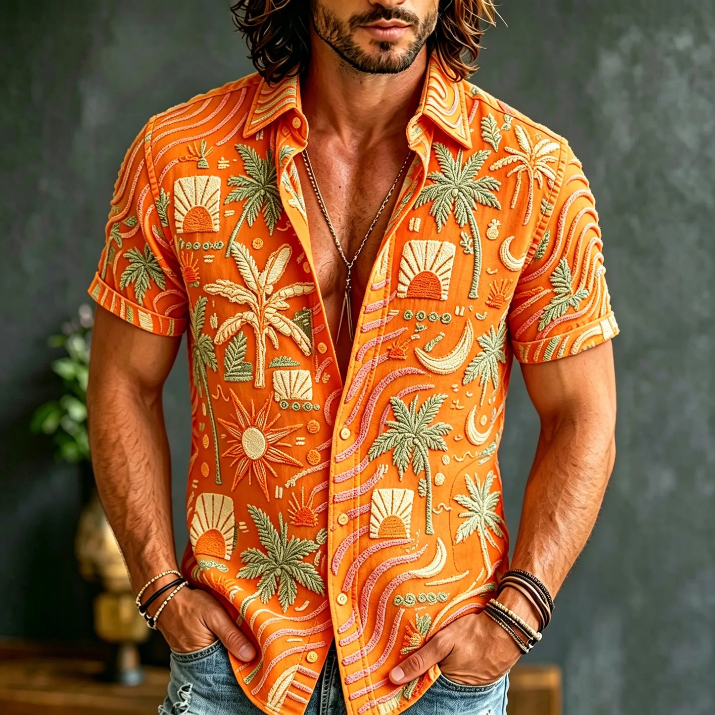 Cardydony Men's Retro Bohemian Hippie Resort Style Floral Print Short-sleeve Shirt