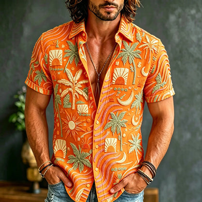Cardydony Men's Retro Bohemian Hippie Resort Style Floral Print Short-sleeve Shirt