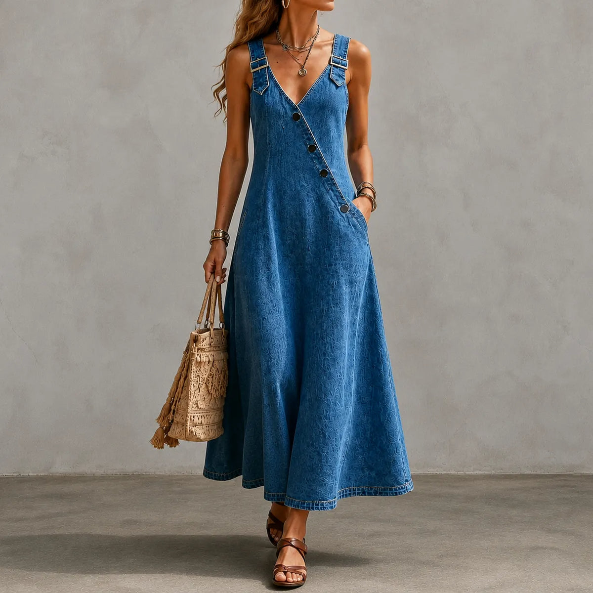 Cardydony Elegant V-neck Diagonal Button Denim Overalls Maxi Dress