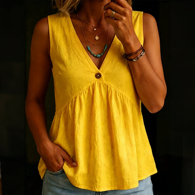 Cardydony Women's Vintage Simple Buttons Cotton Linen Sleeveless Top