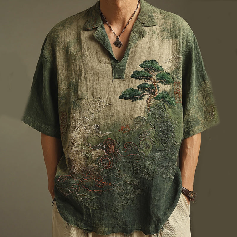 Cardydony Men's Retro Landscape Embroidery Casual Lapel Short Sleeve Shirt