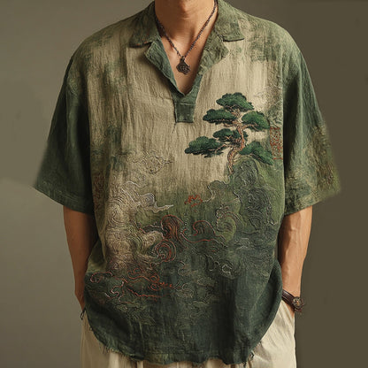 Cardydony Men's Retro Landscape Embroidery Casual Lapel Short Sleeve Shirt