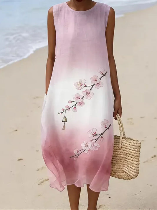 Cardydony Vintage Japanese-style Cherry Blossom And Wind Chime Art Embroidery Cotton Linen Dress