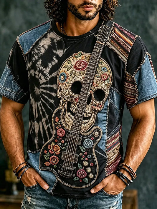 Cardydony Men's Retro Hippie Flowers On The Skull With Music Patchwork Art Short Sleeve T-shirt