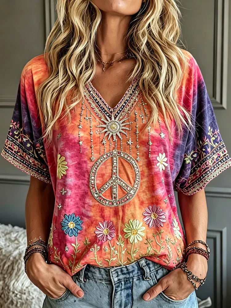 Cardydony Women's Retro Tie-dye Peace Symbol Floral Embroidery Cotton Linen V-neck Short-sleeve T-shirt