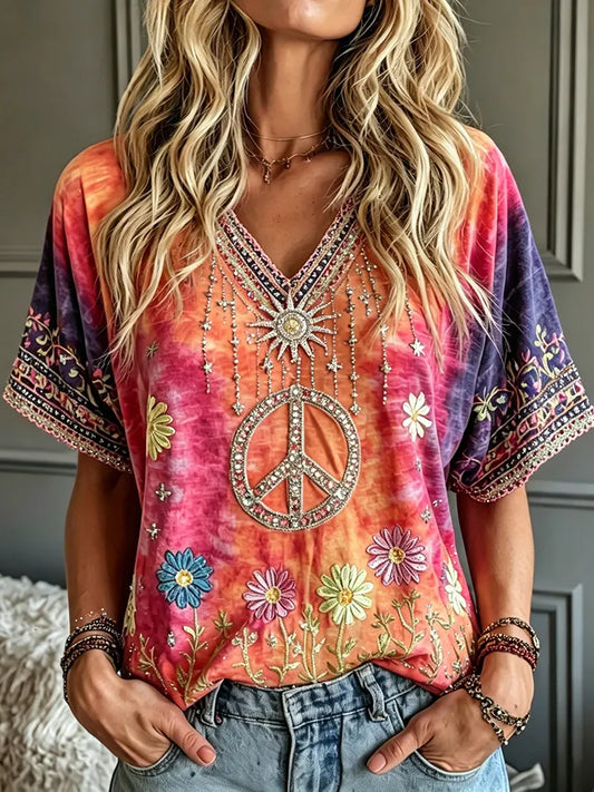 Cardydony Women's Retro Tie-dye Peace Symbol Floral Embroidery Cotton Linen V-neck Short-sleeve T-shirt