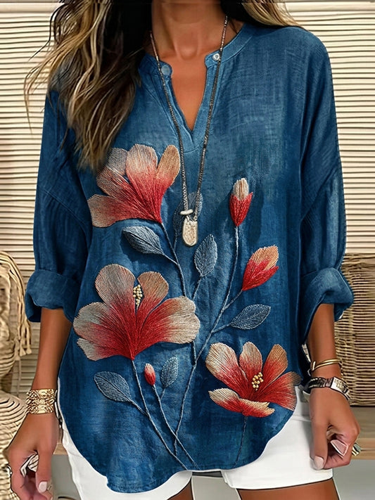 Cardydony Women's Vintage Hibiscus Floral Print Casual Linen Shirt