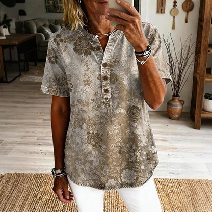 Cardydony Women's Vintage Floral Art Print Casual Short-sleeve Shirt