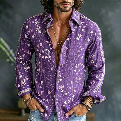 Cardydony Men's Retro Floral Embroidered Art Print Flowy Linen Blend Shirt