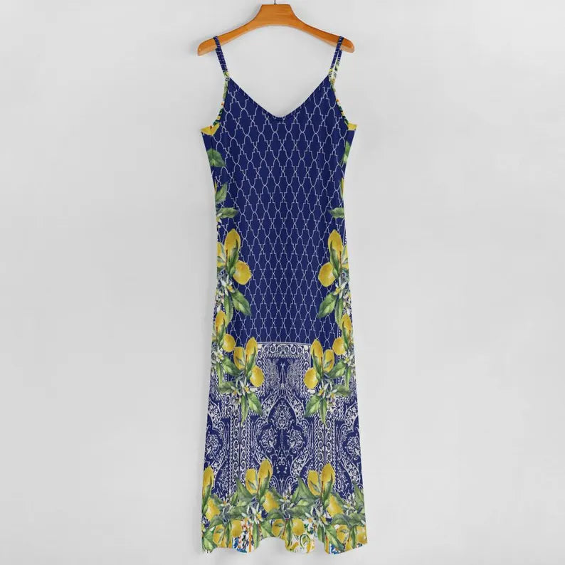 Cardydony Satin Sicilian Lemon Tile Sleeveless Maxi Dress