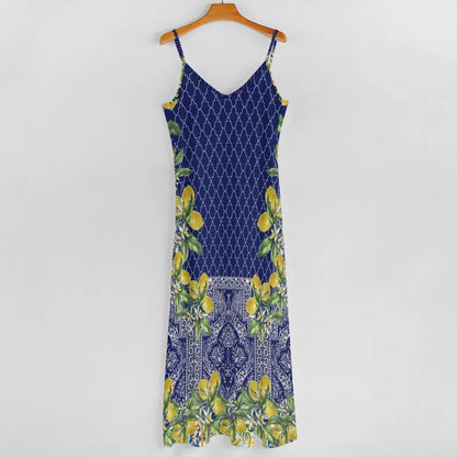 Cardydony Satin Sicilian Lemon Tile Sleeveless Maxi Dress