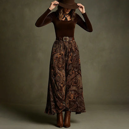 Cardydony Vintage Printed Velvet Belted Maxi Dress