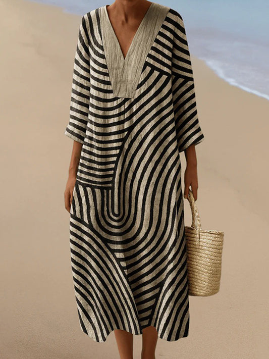 Cardydony Vintage Stripe Pattern Cotton Linen Comfy Maxi Dress