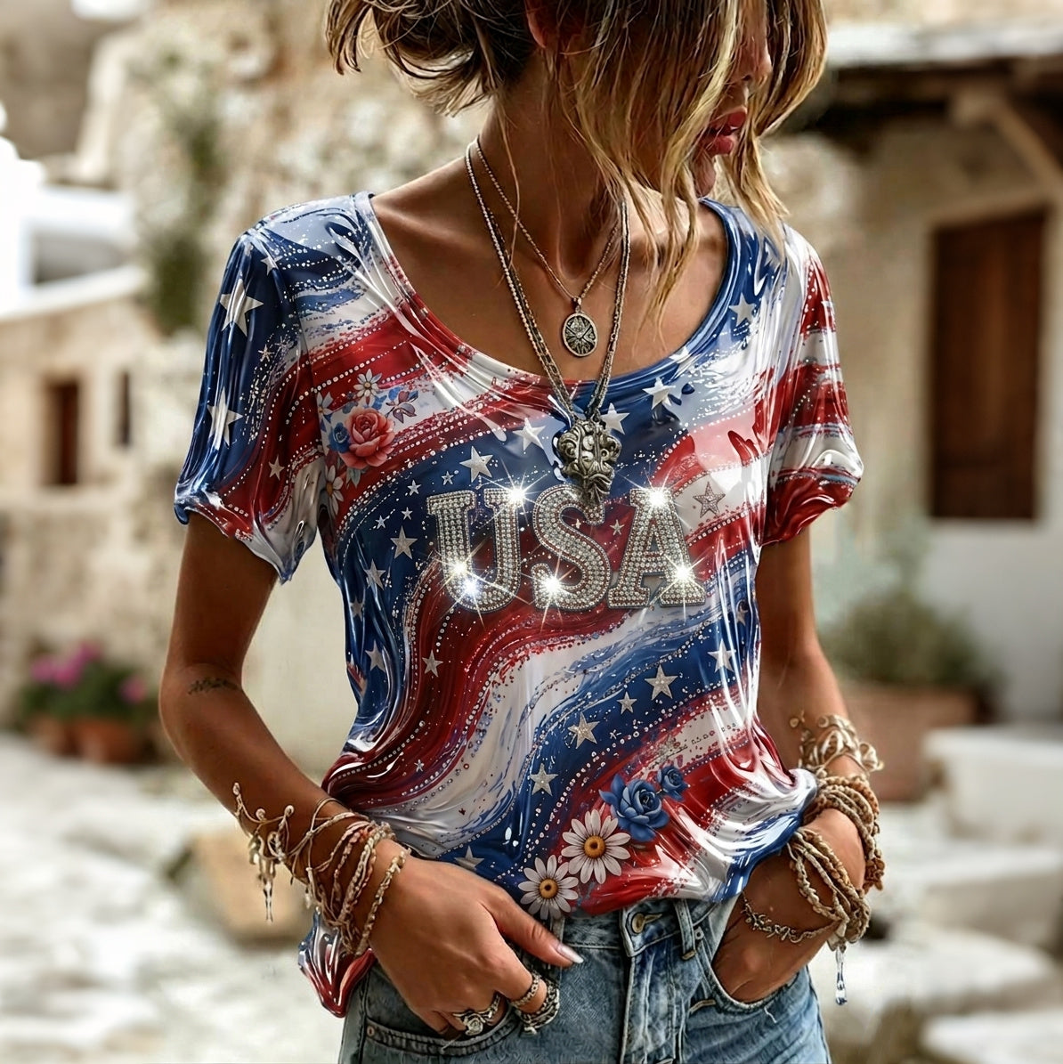 Cardydony Women's Retro Independence Day Pattern Casual Short-sleeve Top
