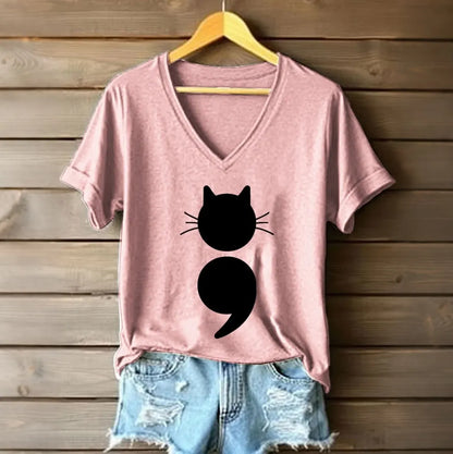 Cardydony Women's Survivor Cat Semicolon Mental Health Graphic Print Short Sleeve T-shirt
