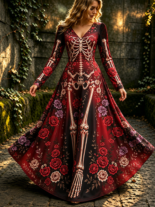 Cardydony Women's Floral Skeleton Bone Print Maxi Dress - Dark Academia Style V-neck Gown