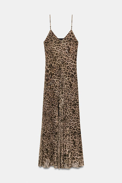 Cardydony Women's Jaycie Tulle Leopard Print V-neck Pleated A-line Hem Slip Maxi Dress