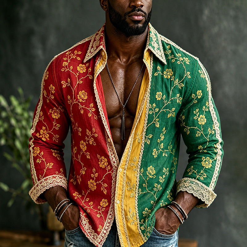 Cardydony Men's Retro Bohemian Reggae With Floral Patchwork Art Casual Linen Long Sleeves Shirt