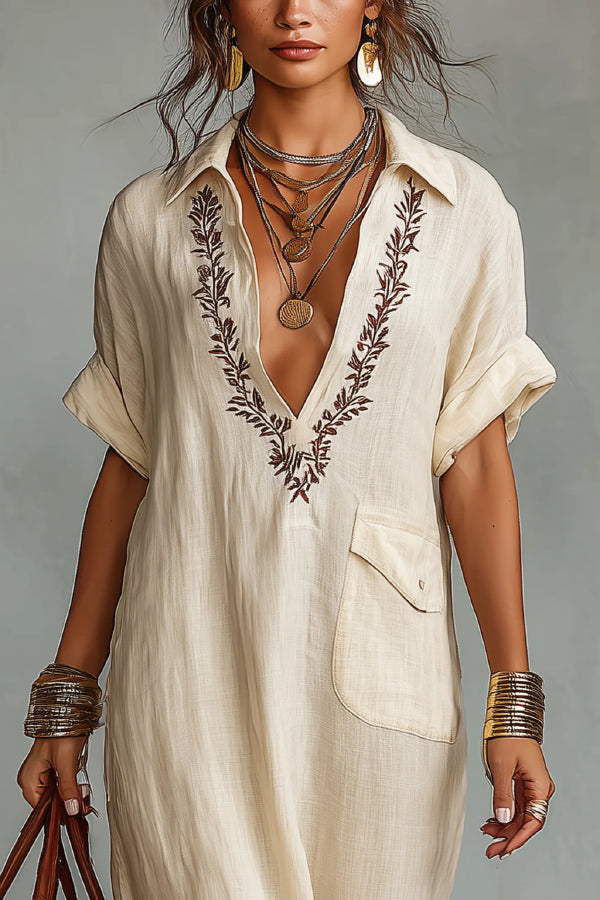 Cardydony Women's  Linen Blend Embroidered V-neck Pocket Casual Loose Maxi Dress