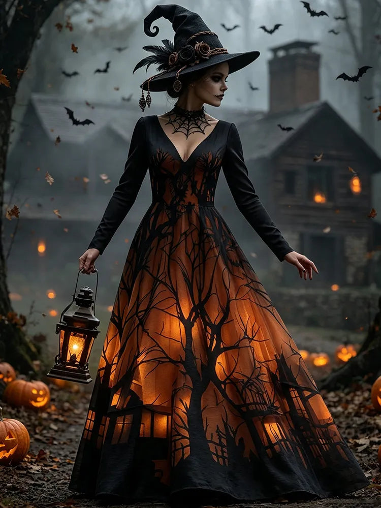 Cardydony Women's Halloween Gradient Treehouse Print Witch V-neck Maxi Dress