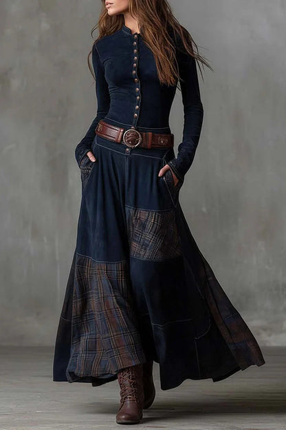 Cardydony Women's Retro-style Patchwork Single-breasted Long-sleeved Casual Pocket Maxi Dress
