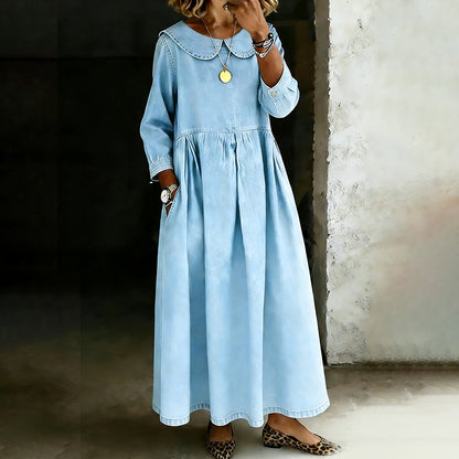 Cardydony Women's Retro Peter Pan Collar Washed Denim Midi Dress