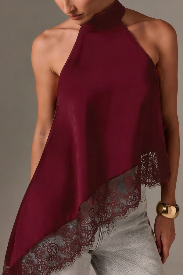 Cardydony Women's Solid Color Satin Sleeveless Lace Hem Loose Top