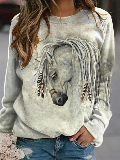 Cardydony Retro Tribal Horse Print Casual Sweatshirt